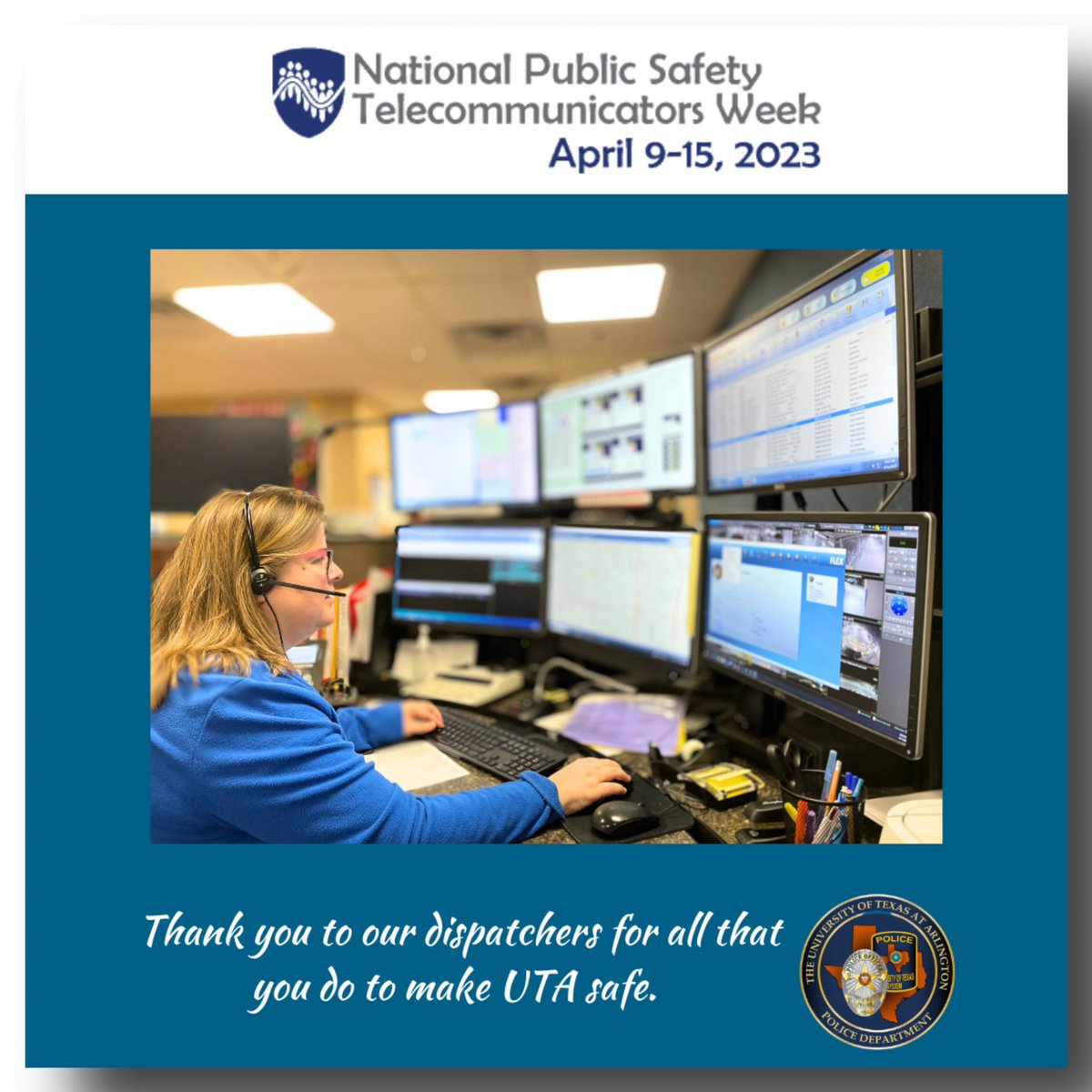 UTAPolice's tweet photo. UTA PD Celebrates National Public Safety Telecommunicators Week. Another day, another officer!!!!🥳🥳
#utapd #utapolice #nationalpublicsafety
#dispatchers #texas #arlington https://t.co/MLpe0Bu5IU