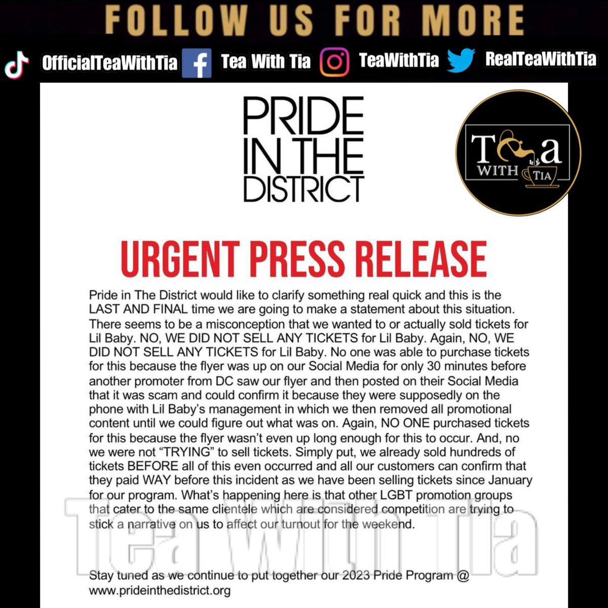 RealTeaWithTia's tweet photo. #IssaScam!!!! #PrideInTheDistrict was under the impression that they had booked #LilBaby as a headliner for their pride event in DC on May 28.
Shortly after promoting the flyer, @lilbaby’s team said they were unaware of the booking. Apparently someone pretending to be a booking agent for Baby scammed the organizer.
The show will go on but Lil Baby will not headline this event. This seems to keep happening with artists. Should artists make their booking information more available on their official sites to avoid this confusion? Should Lil Baby still perform?