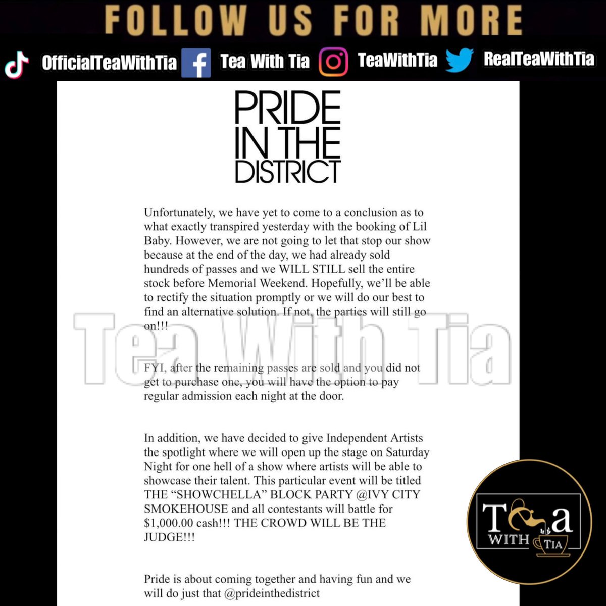 RealTeaWithTia's tweet photo. #IssaScam!!!! #PrideInTheDistrict was under the impression that they had booked #LilBaby as a headliner for their pride event in DC on May 28.
Shortly after promoting the flyer, @lilbaby’s team said they were unaware of the booking. Apparently someone pretending to be a booking agent for Baby scammed the organizer.
The show will go on but Lil Baby will not headline this event. This seems to keep happening with artists. Should artists make their booking information more available on their official sites to avoid this confusion? Should Lil Baby still perform?