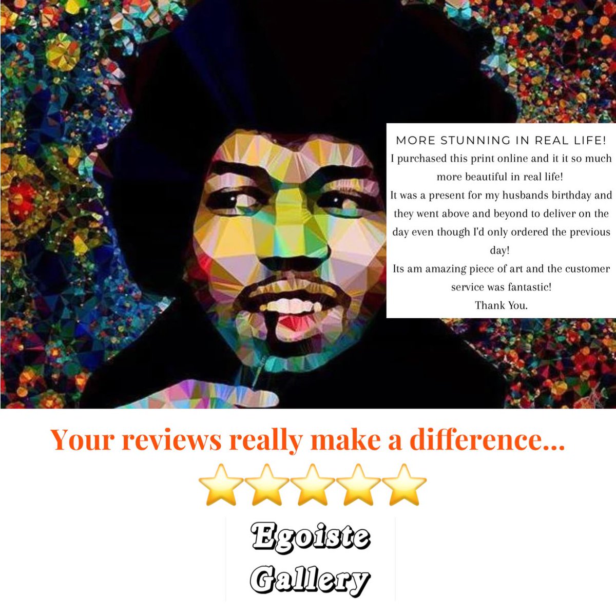 Your reviews mean a lot to us 🥰 This one came in for Jimi by Baiba Auria 🤍
.
#jimihendrix #reviews #baibaauria #egoistegallery #smallbusiness #afflecks #manchesterbusiness