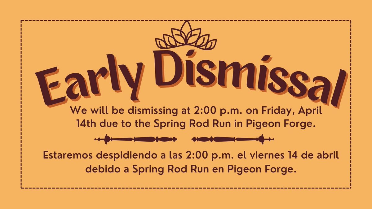 ses_cubs's tweet photo. As a reminder, tomorrow, Friday, April 14th we will be dismissing early at 2:00 p.m. due to the Spring Rod Run in Pigeon Forge. #traffic #rodrun #earlydismissal https://t.co/H6zqq7Trhm