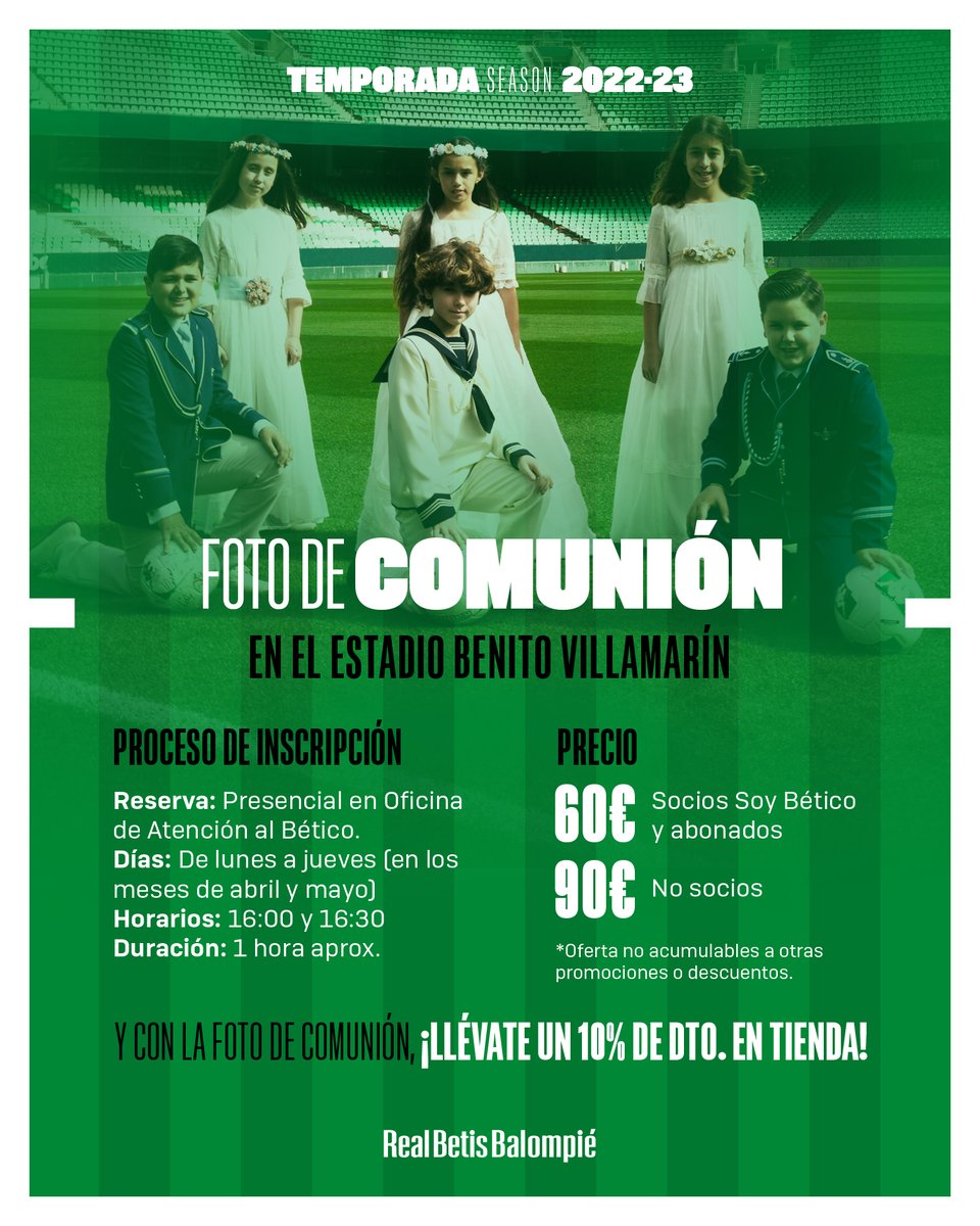 RealBetis's tweet photo. 👩👦🙏

¡Ya puedes reservar para hacer la foto de comunión en el Benito Villamarín! https://t.co/o3p8Y5SpJO