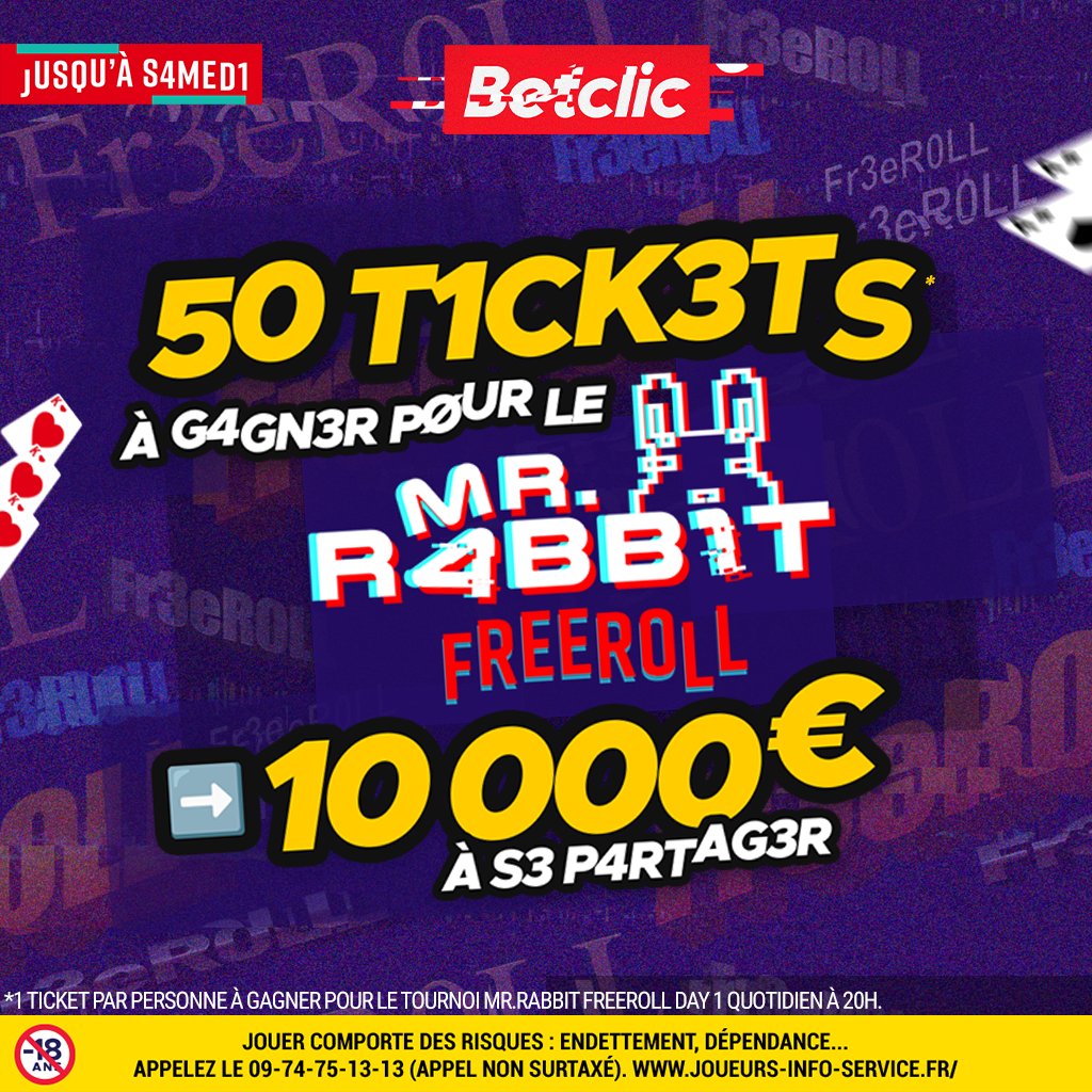 Betclic's tweet image. 😭 T'as pas réussi à te démarquer pendant le #DéfieMrR4bb1t ? 

😎 J'ai trouvé 50 tickets pour le "MrR4bb1t Freeroll" pour vous ! Il reste 2 tournois pour les utiliser : Vendredi 20h et samedi 16h ! Chauds ?

RT + Follow pour participer 👌 #MrR4bb1itLeGoat
TAS demain 🍀