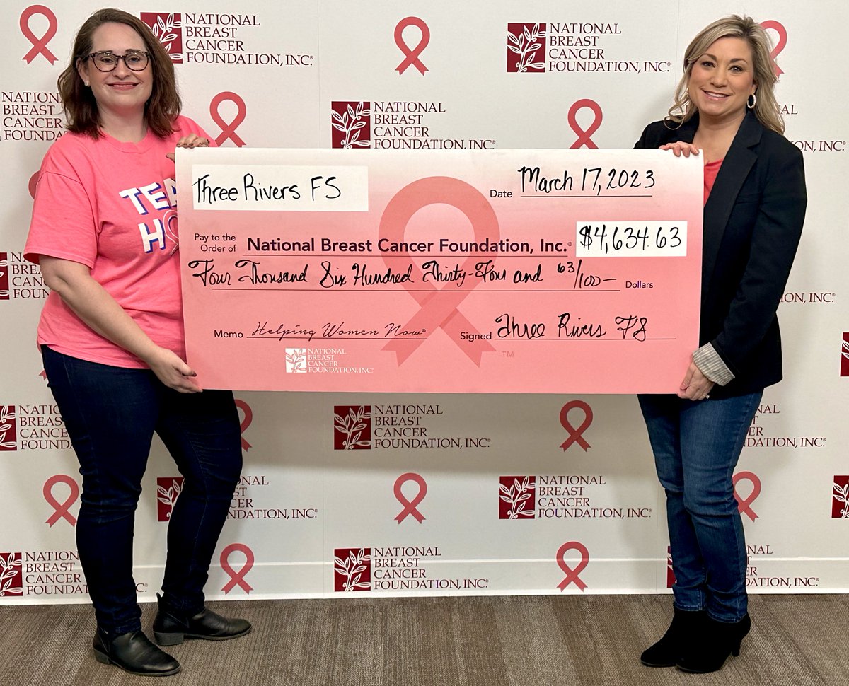 Three Rivers FS recently presented the National Breast Cancer Foundation, Finley Health Foundation, and Mercy Medical Center Foundation checks for $4,634.63. This is in support of patient care from our Breast Cancer Awareness Promotions - Pink at the Pump⛽️ and Pink Crop Team🌱