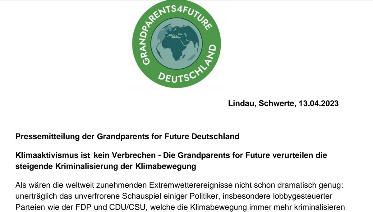 📢 Pressemitteilung der Grandparents for Future

Klimaaktivismus ist kein Verbrechen - #GrandparentsForFuture verurteilen die steigende Kriminalisierung der Klimabewegung 

▶️ parentsforfuture.de/de/pm-grandpar…

#Klimagerechtigkeit #Klimakrise 1/🧵 #moa
