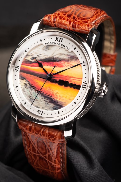 RGMWatchCompany's tweet photo. Custom RGM with a Sunset hand painted on Mother of Pearl.

#rgmwatchco #rgmwatches #rgmwatch #watch #watches #wristwatch #wristwatches #watchmaking #watchmaker #independentwatchmaking #independentwatchmaker
#handpainteddial #motherofpearldial #bespoke #bespokewatch #customwatch https://t.co/PQASEcLOV6