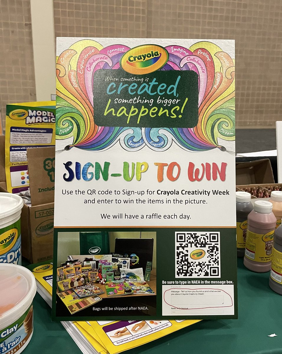 Are you at #NAEA23 today? Swing by booth 1027 and sign up for #CrayolaCreativityWeek, enter to win a colorful raffle and score a freebie while supplies last!