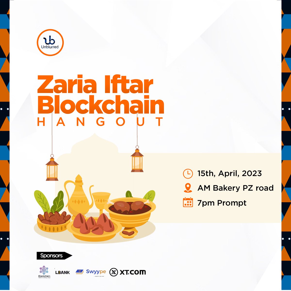 Excited to announce that we are partnering with Blockchain Unblurred  for the upcoming Zaria Iftar Blockchain Hangout on April 15, 2022 at 7:00 PM! 🚀🚀🚀🚀

#UnblurredHangout #ZariaIftarBlockchainHangout #Networking #BlockchainEvents #Blockchainful