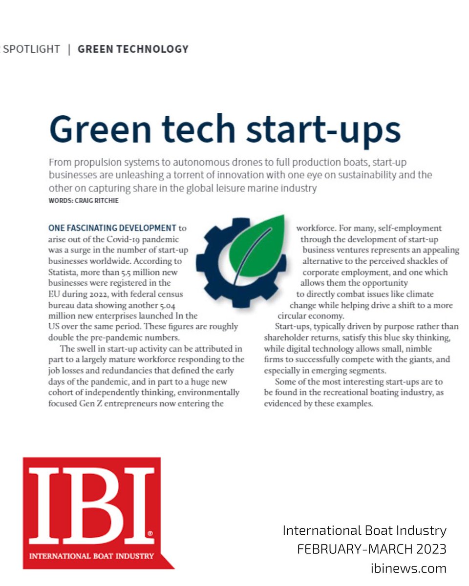 “One of the most interesting startups in recreational boating” - thanks <a href="/IBInews/">IBI - International Boat Industry</a> for including us in your Industry Spotlight of Green Tech Startups! 🙌🔋⚡️
Read—> ibi.marinemagazine.co.uk/IBI-Feb-Mar-20…

#startups #ibinews #greentech #climatetech #electricboats #internationalboatindustry
