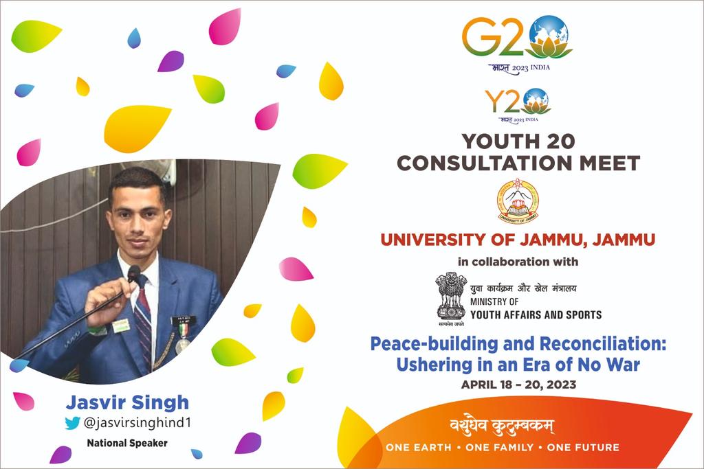 UniversityJammu's tweet photo. Be a part of  building a harmonious world order through stimulating discussions with our Award winning University Alumnus Jasvir Singh @jasvirsinghind1 #Y20 Consultation Meet @UniversityJammu @IndiaY20 
@DrJitendraSingh
@OfficeofLGJandK
@PIBSrinagar
#Y20India
#G20India https://t.co/C1Q0wjNTvL