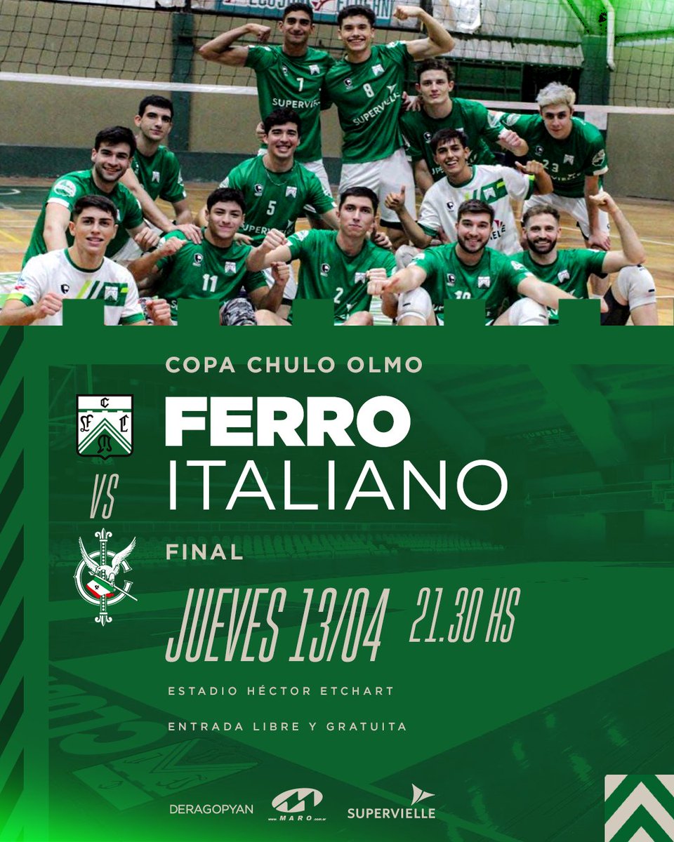 🫵🏼🏆 ¡#FERRO VA POR LA DEFENSA DEL TÍTULO! 

Desde las 21.30, con entrada libre en el Etchart, Oeste recibe a Club Italiano por la final de la Copa Chulo Olmo 🏐

¡HAY QUE ALENTAR A <a href="/FCOVOLEY/">Ferro Voley</a>! 

#VivíFerro 💚