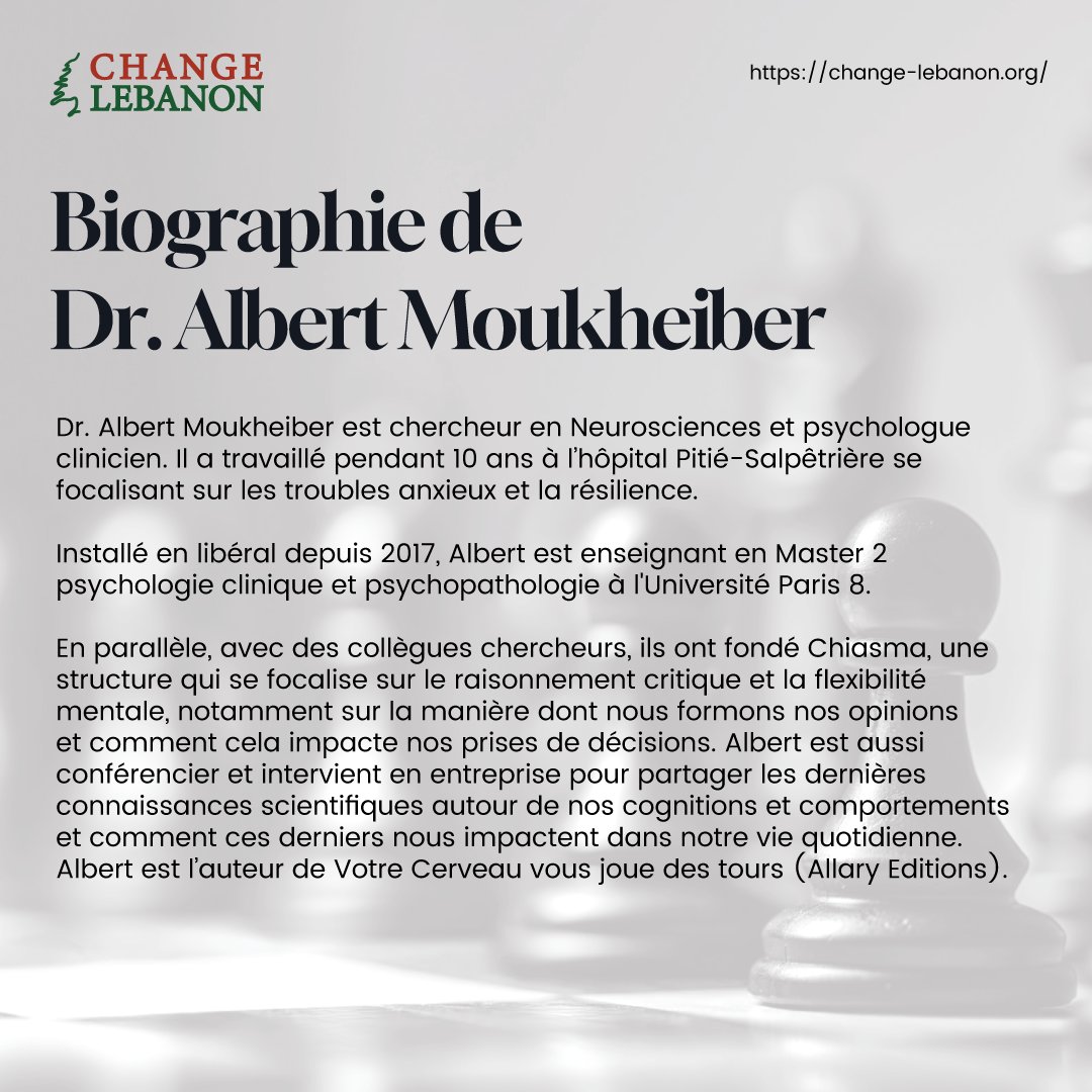 Change__Lebanon's tweet photo. Change Lebanon vous invite lundi 17 mars 2023, à 19h45 heure de Paris (20h45 heure de Beyrouth), à un dialogue avec Dr. Albert Moukheiber, chercheur en neurosciences et psychologue clinicien. 

Rejoignez la discussion en cliquant sur le lien suivant:
https://t.co/7yCJwRFxyj https://t.co/RLomH3SO6U