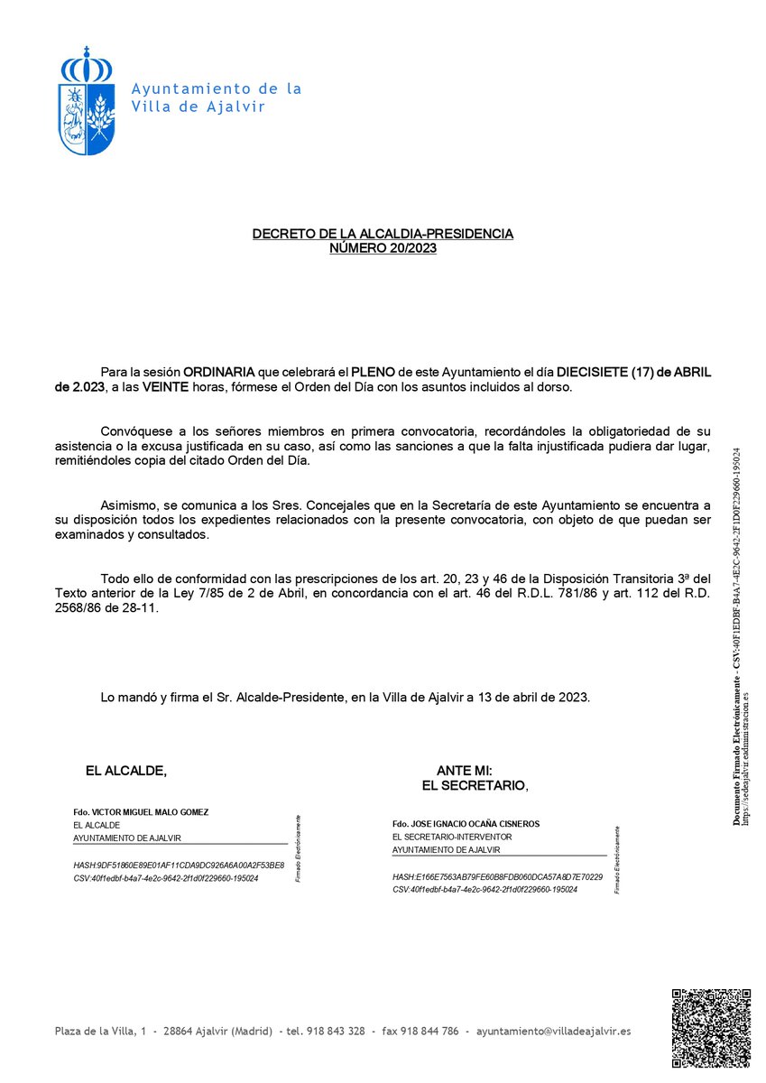 AAjalvir's tweet photo. ***PLENO ORDINARIO 17 DE ABRIL 2023***

El próximo lunes 17 de abril del 2023, tendrá lugar el Pleno Ordinario a las 20:00 horas en el Salón de Plenos del Ayuntamiento. Abriendo las puertas 10 minutos antes del inicio de la sesión plenaria (...)
+info: https://t.co/zrcBkaWbP4 https://t.co/IOdjWSQUqA