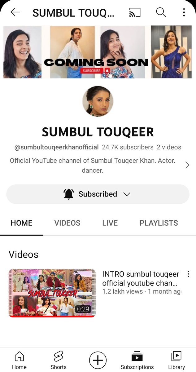 Tanushreedev7's tweet photo. Sumbul will be soon uploading something on her YouTube Channel.🥹❤️🙌
It's already 24.7K subscribers now!
Can we make it to 25K?🥹🙏🏻

So please subscribe if you haven't already.  ⤵️ https://t.co/DkP2xy8eGh
#SumbulTouqeerKhan
#SumbulSquad https://t.co/euLZAZzOfx