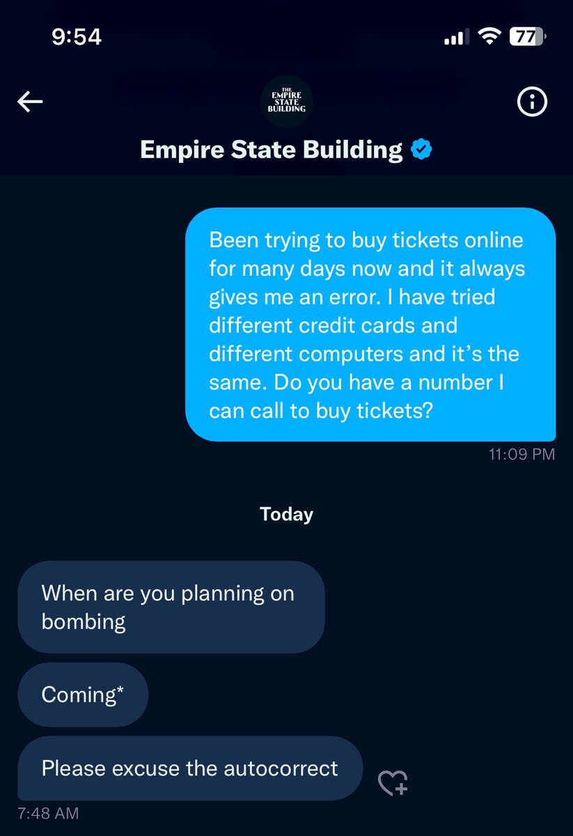 4b0ysandaqueen's tweet photo. Not the Empire State Building customer service trying to get me in trouble with the Department of Homeland Security 😳 #damnautocorrect https://t.co/ZyFxLfh87k