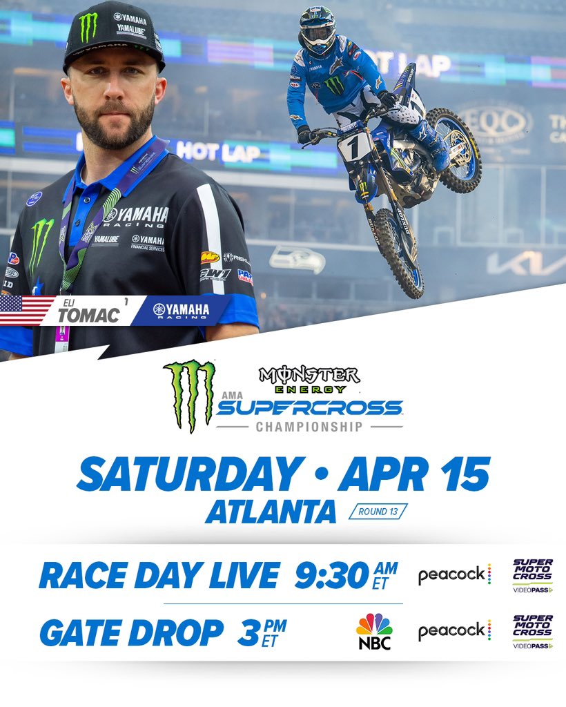SupercrossLIVE's tweet photo. Tune in Saturday for round 1️⃣3️⃣ of @MonsterEnergy Supercross in Atlanta 📺

https://t.co/IdcDotTWW2

#SupercrossLIVE #SuperMotocross https://t.co/NhKSIj7QGz