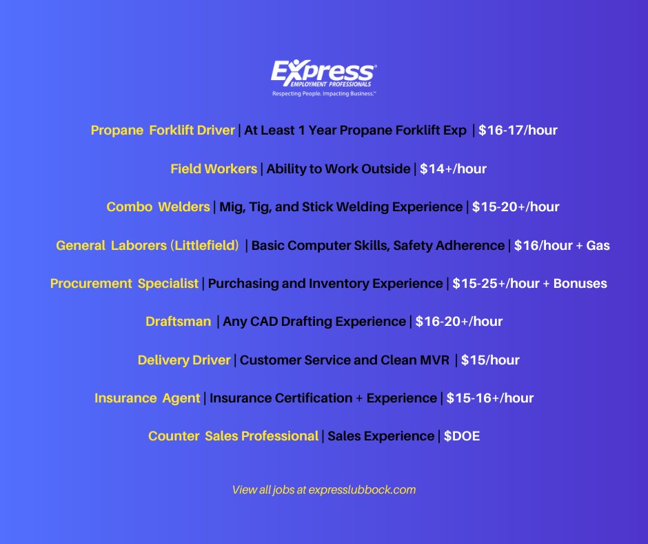 ExpressProsLBK's tweet image. We&apos;re hiring for these positions 👏 ASAP 👏 …If you have experience, we want you!

Come into 7412 University Ave, Suite 11 to speak with a recruiter and schedule an interview with these clients.

#hiring #lubbock #fulltimework #wearenottempwearecareerplacement