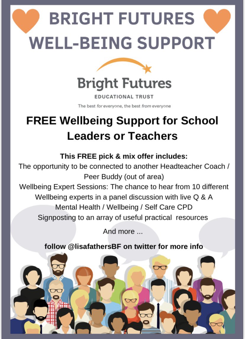 During lockdown we ran months of free Wellbeing CPD to help schools.

Now in response to the DFE Workload report we want to do the same <a href="/BrightFuturesET/">Bright Futures Educational Trust</a> <a href="/TSHubsBF/">Bright Futures Teaching School Hubs</a> I’ve got the support of some of the biggest names in Wellbeing to help! 

Comment/ RT or email &amp; we’ll be in touch 🧡