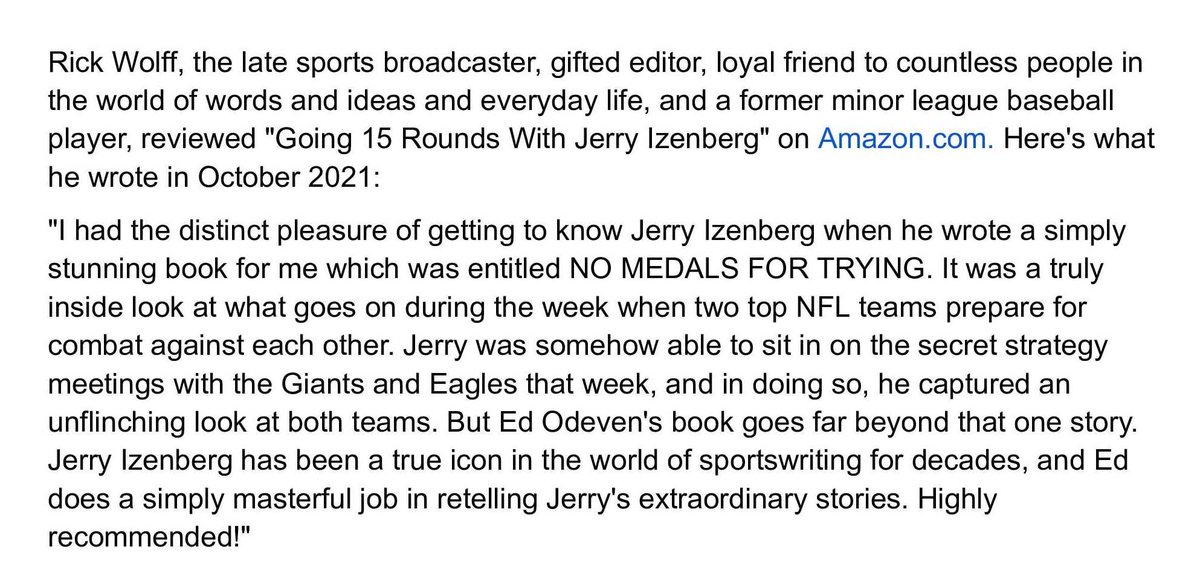 ed_odeven's tweet photo. I'll always be grateful for #RickWolff's interview participation with his father, legendary sports broadcaster Bob, on a chapter in Part 2 of "Going 15 Rounds With Jerry Izenberg." RIP, Rick.
#editors #journalists #authors #journalism #JerryIzenberg #booktwt #baseball #NFL #WFAN https://t.co/ZdKOe8f9mT