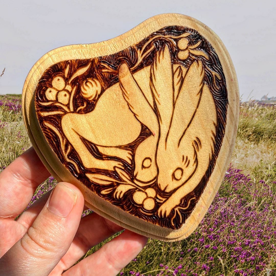 Rabbit mystery plaque, wood-burned on pine 😎 tiny little heart buddy