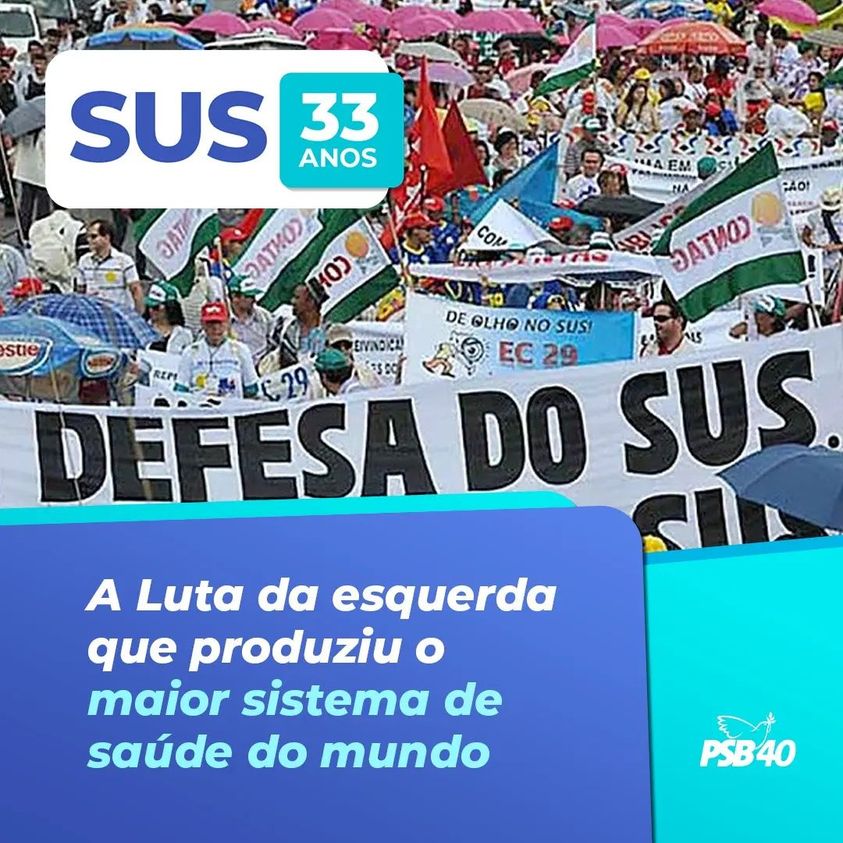PSB_RJ's tweet photo. O Brasil e os socialistas comemoram os 33 anos do SUS com muito orgulho. Foi trabalho longo e difícil, construído com o talento e a perseverança da esquerda.
Durante a pandemia do Covid o povo contatou, mais uma vez, a importância do SUS para salvar vidas.
Viva o SUS!
#SUS #PSB40 https://t.co/kuQCMVtT9l