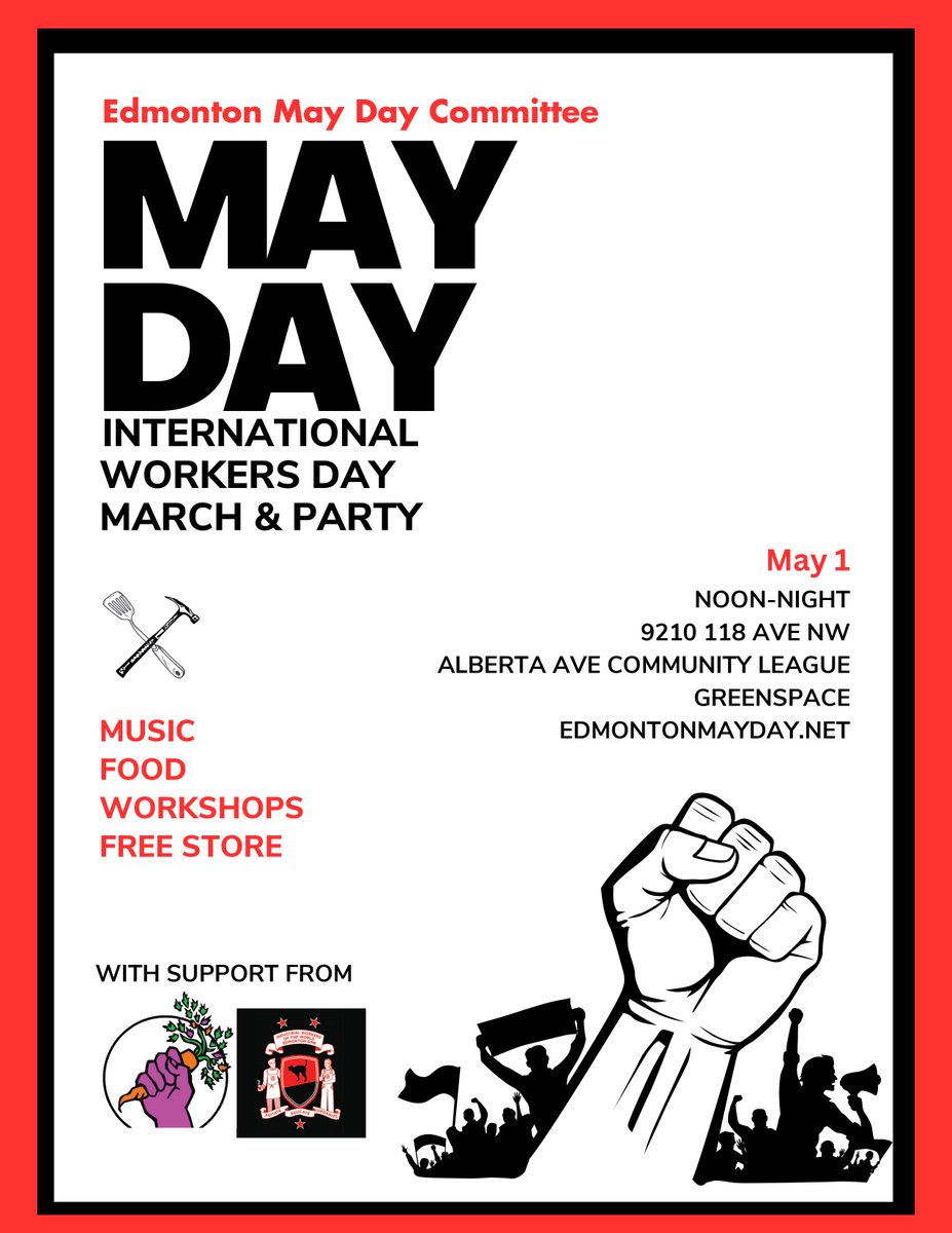 Food Not Bombs will be participating in a May Day March and Party at the Alberta Ave Community League on May 1st. It will be a family friendly event with activities for all ages! Everyone is invited and encouraged to attend!

facebook.com/events/s/may-d…

edmontonmayday.net