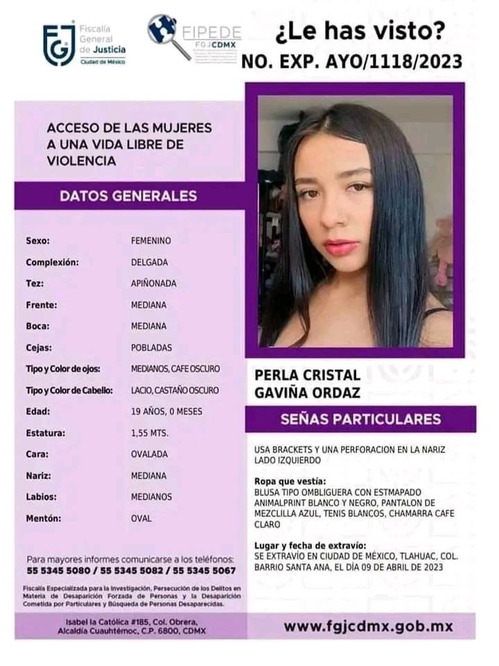 QuePocaMadreMex's tweet photo. 🚨HASTA ENCONTRARTE
#AlertaAmber 

Ayúdanos a compartir por favor para encontrar a Perla Cristal Gaviña Ordaz, de 19 años de edad desaparecida en }col. Barrio Santa Ana, Alcaldía #Tláhuac, #CDMX, desde el 09 de abril de 2023. https://t.co/CvApUiDku5