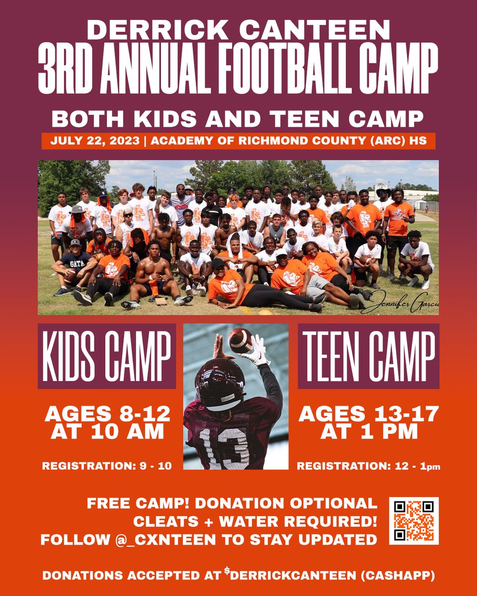 _canteen's tweet photo. Blessed and humble to introduce my 3rd annual youth football camp in Augusta, Ga . Sign up using barcode! Dm for any questions . ☑️ https://t.co/6mbKDSXQ2u