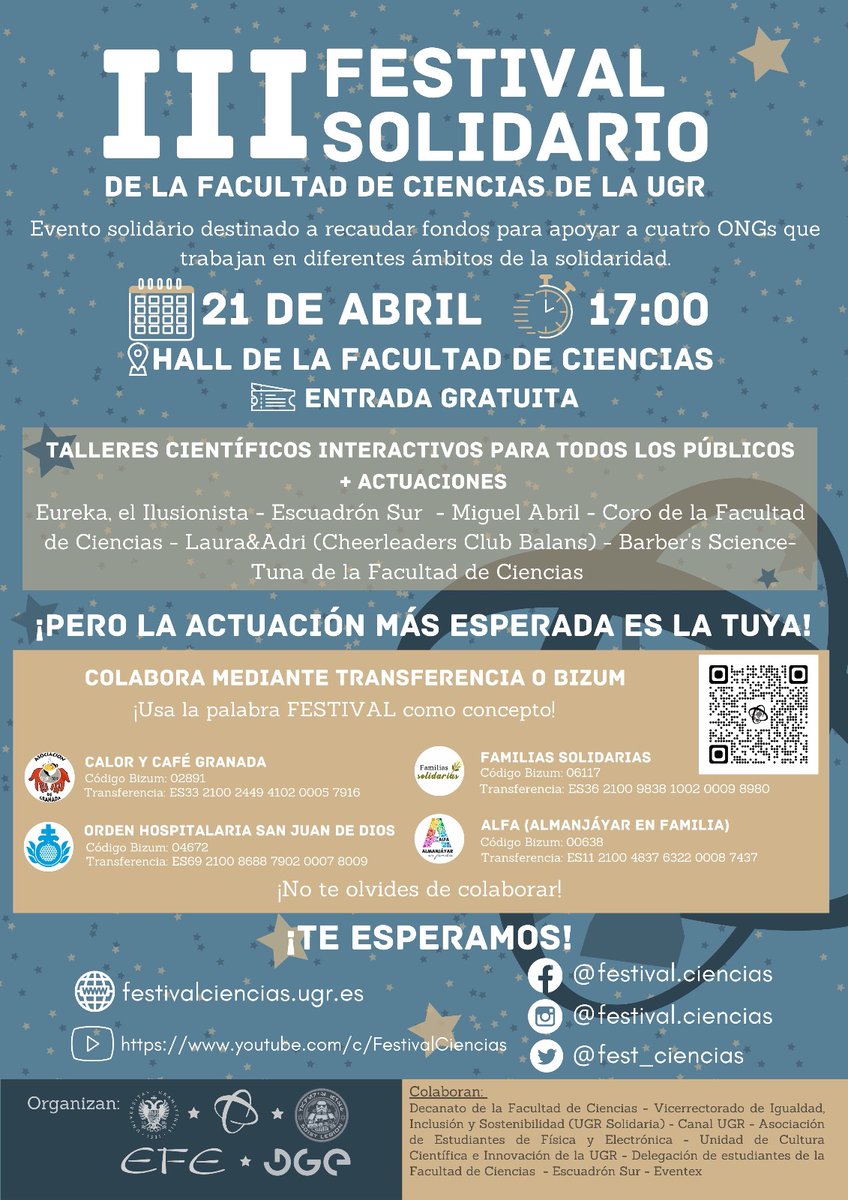 🎉✨𝟮𝟭 𝗱𝗲 𝗮𝗯𝗿𝗶𝗹✨🎉 ¡Ciencia🔬 y arte🎭 se fusionan en el III Festival Solidario de la Facultad de Ciencias! Experimenta la magia💫 con talleres científicos🧪 y actuaciones en vivo🎤 en un evento familiar inolvidable👨‍👩‍👧‍👦. ¡No faltes! #FestivalSolidario