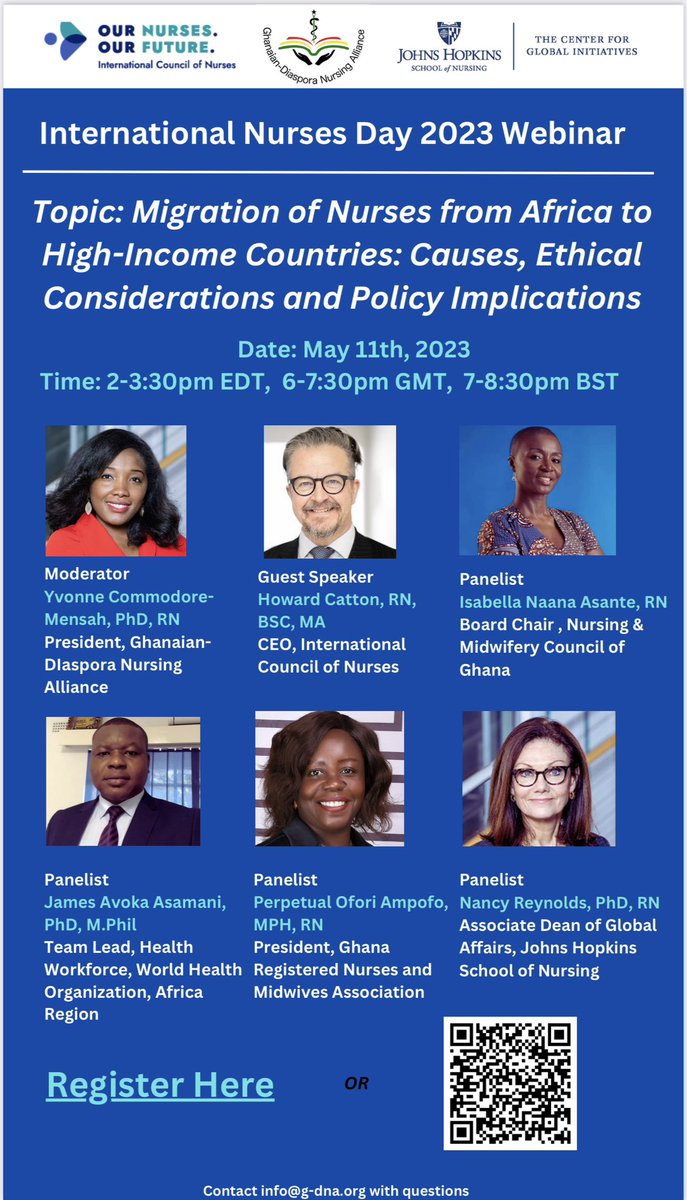 Ghanaian-Diaspora Nursing Alliance (G-DNA) (@gdnanursing) on Twitter photo G-DNA is delighted to collaborate with the <a href="/JHUNursing/">Hopkins Nursing</a> Center for Global Initiatives for webinar on “Migration of Nurses from Africa to High-Income Countries: Causes, Ethical Considerations, and Policy Implications”Register: jhuson.zoom.us/webinar/regist… #IND2023 #Celebratenurses G-DNA is delighted to collaborate with the <a href="/JHUNursing/">Hopkins Nursing</a> Center for Global Initiatives for webinar on “Migration of Nurses from Africa to High-Income Countries: Causes, Ethical Considerations, and Policy Implications”Register: jhuson.zoom.us/webinar/regist… #IND2023 #Celebratenurses