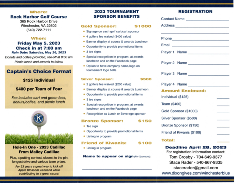Register now for our 33rd Annual Golf Tournament, sponsored by Blue Ridge Kiwanis! Deadline is April 28. Don't miss out! Join us May 5th!!