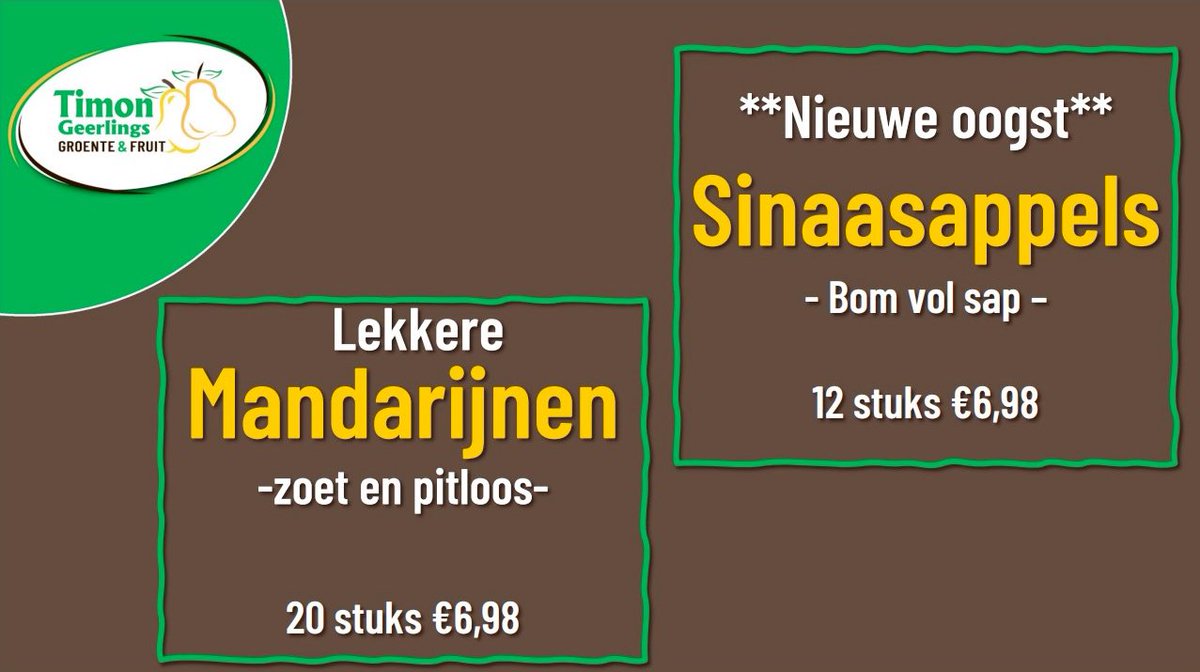 Daar is onze Timon weer, met sinaasappels vol sap
Deze vrijdag is het mooi weer voor een volle en zonnige hap!
En wat te denken van zijn mandarijnen, pitloos en lekker zoet
Vrijdag van 7.00 tot 13.00 uur zit je op het kerkplein in #Hengevelde dondersgoed!