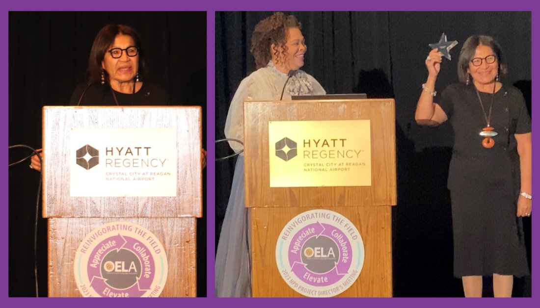 ASKNCELA1's tweet photo. #OELA was excited to have Dr. Aída Walqui keynote #OELADM2023 on “Developing Teacher Expertise for Sustainability.” We were even more excited to present her with the English Learner Champion Award! Thank you for all that you do Dr. Walqui! @WestEd https://t.co/YRNYQYEojO