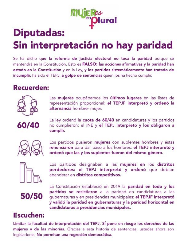 anagonmx's tweet photo. Acá @Mujeresenplural explica por qué la reforma constitucional que pretenden aprobar contra el #TribunalElectoral sí afectaría la paridad de género y la inclusión política de las minorías. #ParidadEnTodo #TEPJF https://t.co/j8DDjGDXxr