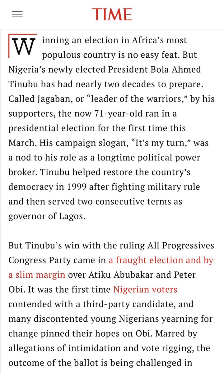 THEEYESOFBAT's tweet photo. TIME presents its annual list of the 100 most influential people in the world, from artists and leaders to pioneers, titans and icons. Nigeria’s newly elected President Bola Ahmed Tinubu has had nearly two decades to prepare. Called Jagaban, or “leader of the warriors,” https://t.co/C5iQOUlort