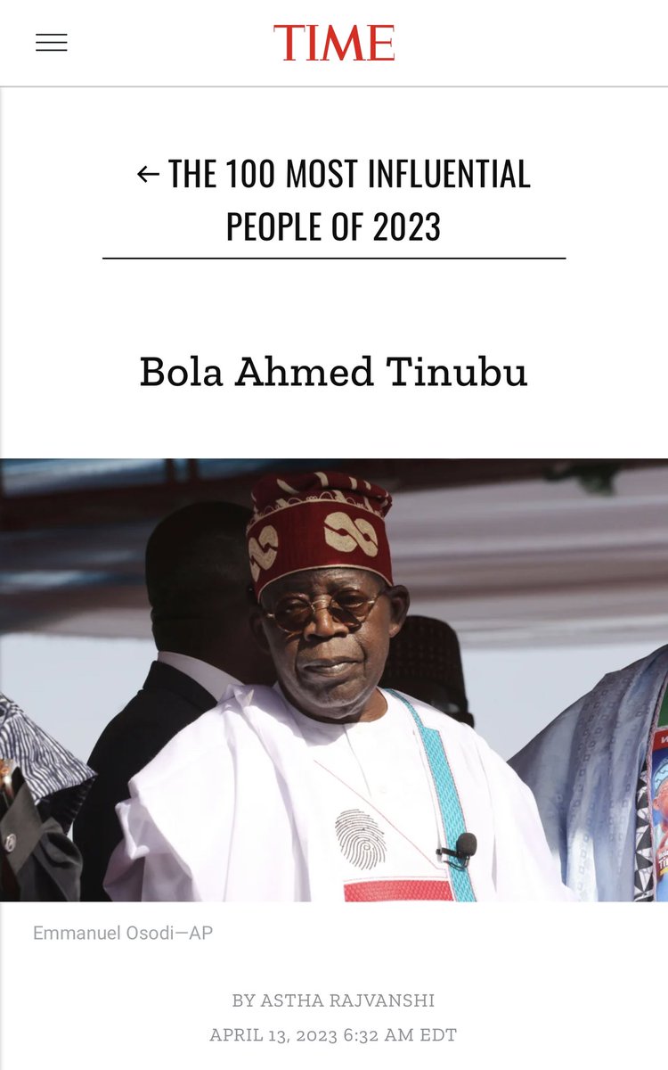 THEEYESOFBAT's tweet photo. TIME presents its annual list of the 100 most influential people in the world, from artists and leaders to pioneers, titans and icons. Nigeria’s newly elected President Bola Ahmed Tinubu has had nearly two decades to prepare. Called Jagaban, or “leader of the warriors,” https://t.co/C5iQOUlort