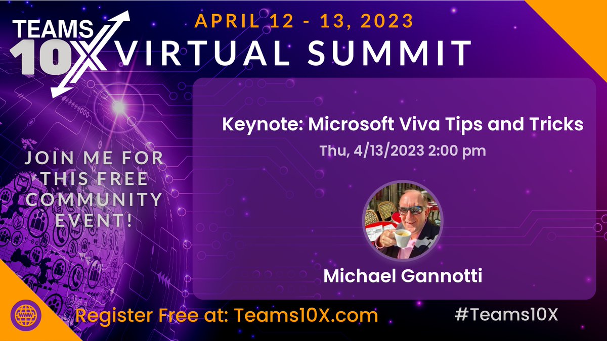 Day 2 #Teams10x, Thursday, April 13, beginning again at 11 AM Eastern. #Microsoft keynote speaker Michael Gannotti,  #microsoftviva and his tips and tricks. 2:00 pm Eastern. Register teams10x.com

#success #connections #productivity #learning #technology #innovation