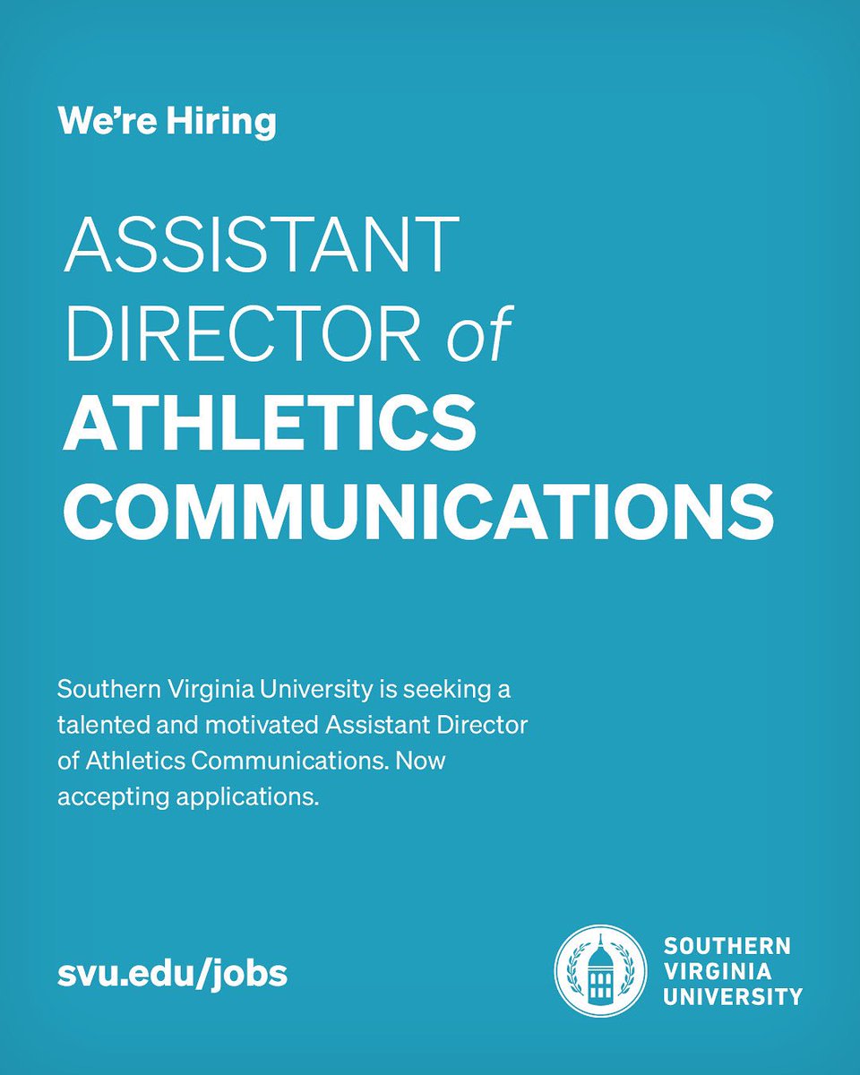 Southern Virginia University Athletics is seeking an Assistant Director of Athletics Communications. Job description and details can be found at svu.edu/employment Interested candidates should submit a cover letter, resume, and three professional references to hr@svu.edu