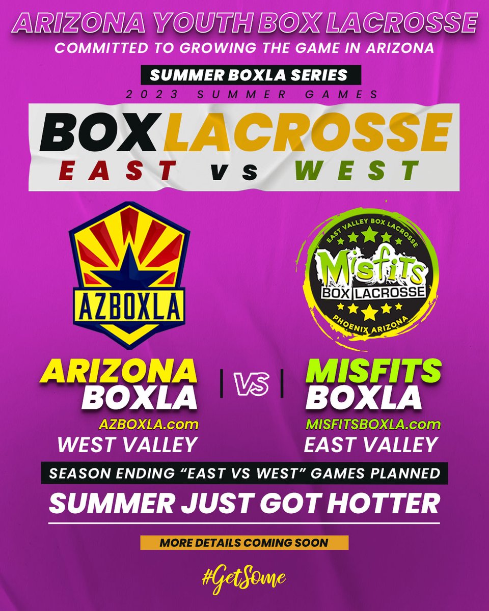AZLaxNews1's tweet photo. SUMMER JUST GOT HOTTER!

Season Ending “East vs West” Games Planned
Arizona Youth Box Lacrosse Leagues

MORE DETAILS COMING SOON…

#AZLAX #AZBOXLA #YouthLacrosse #YouthSports #BoxLacrosse #Boxla #Lacrosse #Arizona https://t.co/2fAtYV8G1U