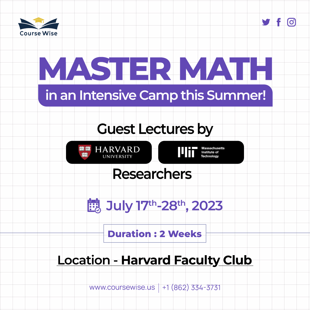 CoursewiseUS's tweet photo. Improving your #MathSkills is based upon how well you can understand its concepts and logic, and the best way to do so is in our Intensive #SummerMathCamp with #guestlecturers from #Harvard &amp; #MIT Researchers.

#summercamp #mathchamp  #mathematics #mathlove #coursewise #mathcamp https://t.co/6BONFUY1CL