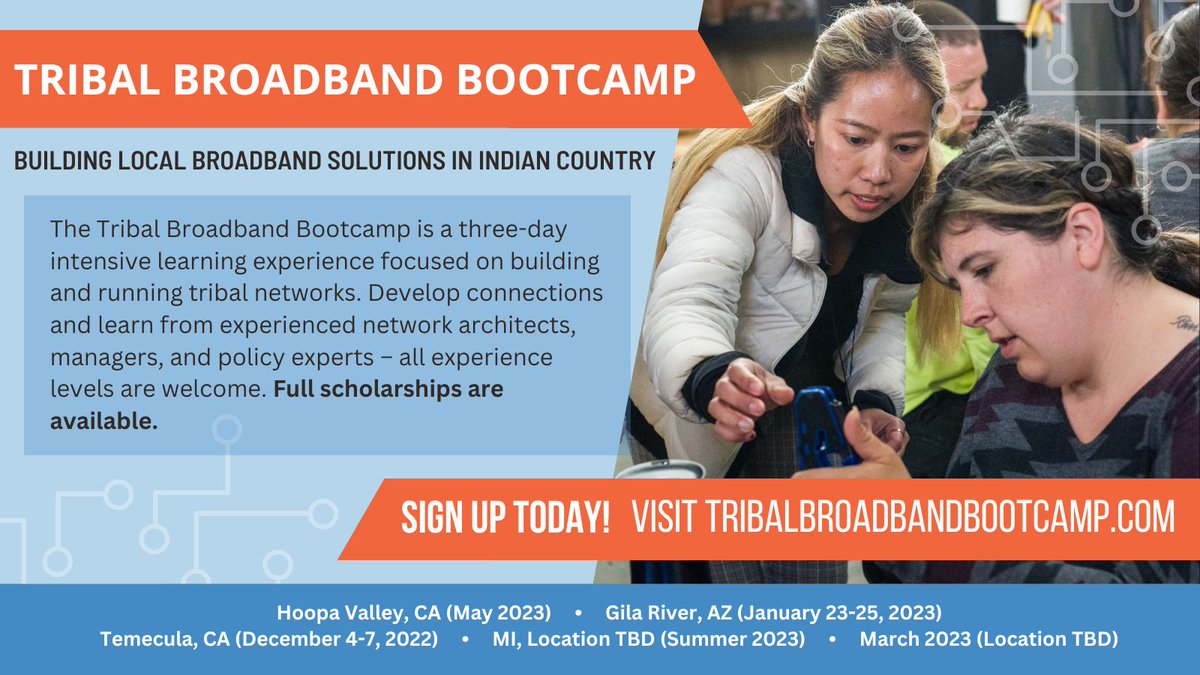 TribalBBCamp's tweet photo. Learn how to build, deploy and run #Indigenous networks! The #tribalbroadbandbootcamps are an experiential learning opportunity that can strengthen #Tribal sovereignty and #selfdetermination. Inquire and register via our website today! #broadband #digitalequity #NativeTwitter https://t.co/Aq3CsSuRK1