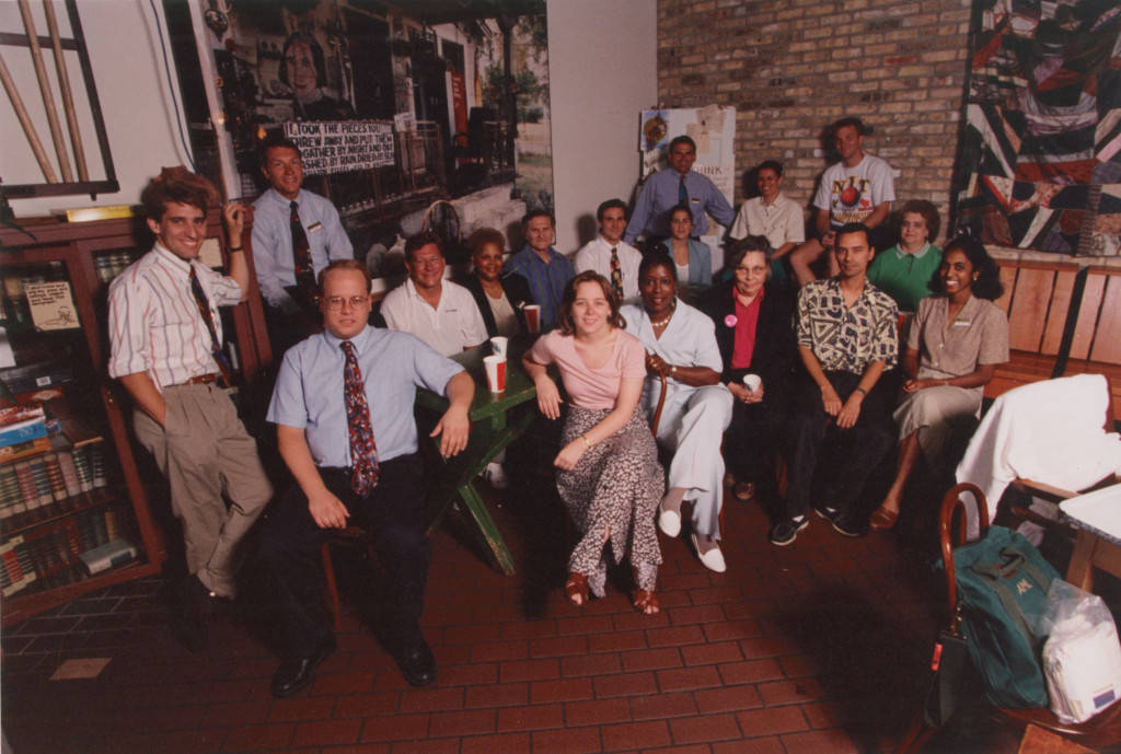 Alumni Memorial Union staff and students in the Brew Bayou. Staff includes AMU Director Toby Peters, Todd Vicker, Debbie Mathew, Dan Abler, Steve Hayes, Neal Wucherer, and Joan Kaminski, 1993-1999.
- MU Archives