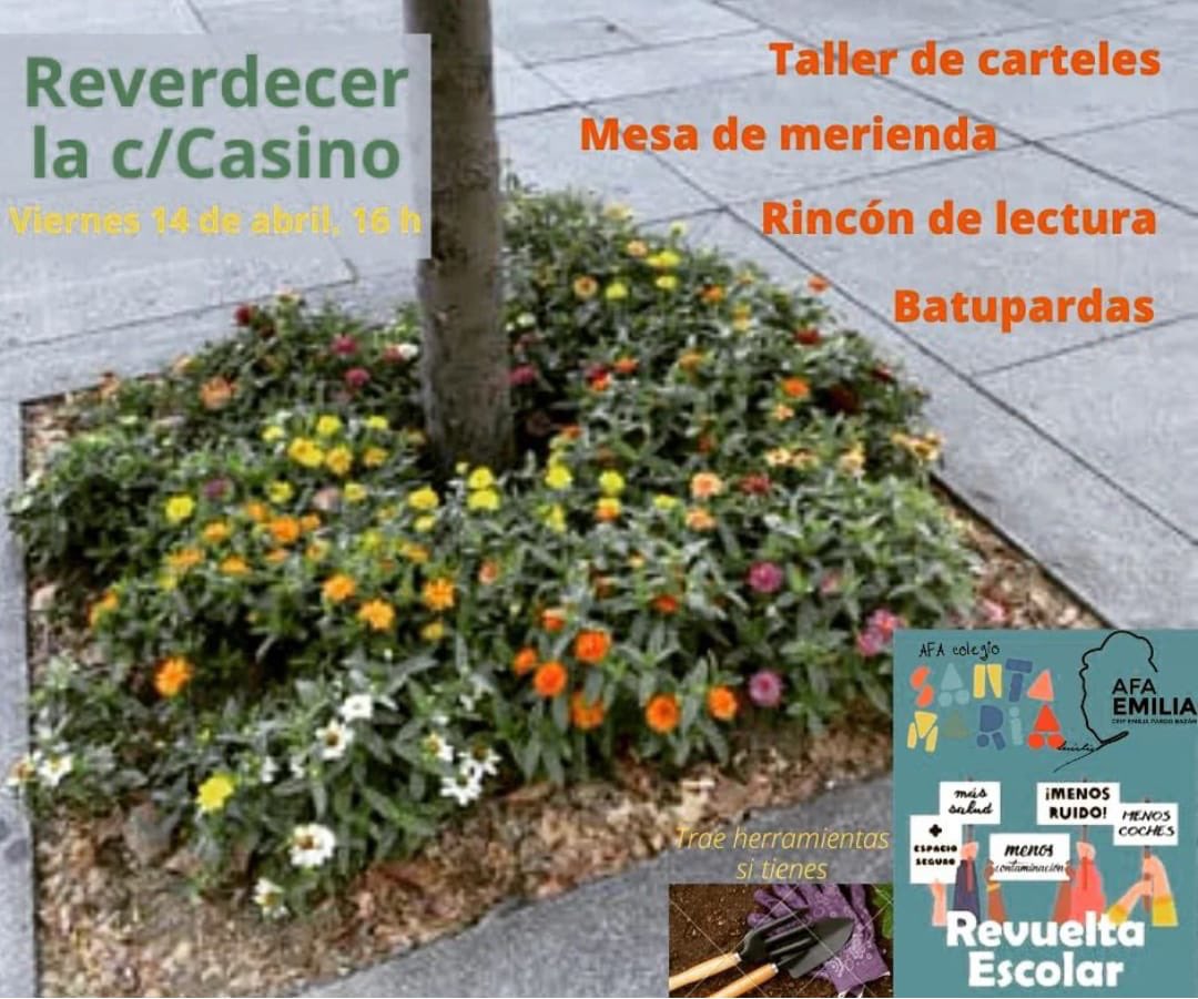 AMPAEmilia's tweet photo. 📣 Mañana viernes 14 de abril @RevueltaEscolar en la calle Casino.

Trae tu plantita (y herramientas si tienes), y todas tus ganas de pasar un rato agradable y reivindicativo 🪴🌿🌳. Vamos a añadir más verde a los alcorques y leeremos libros sobre la vegetación. 

De 16 a 18h!! https://t.co/9uzeeADlRA