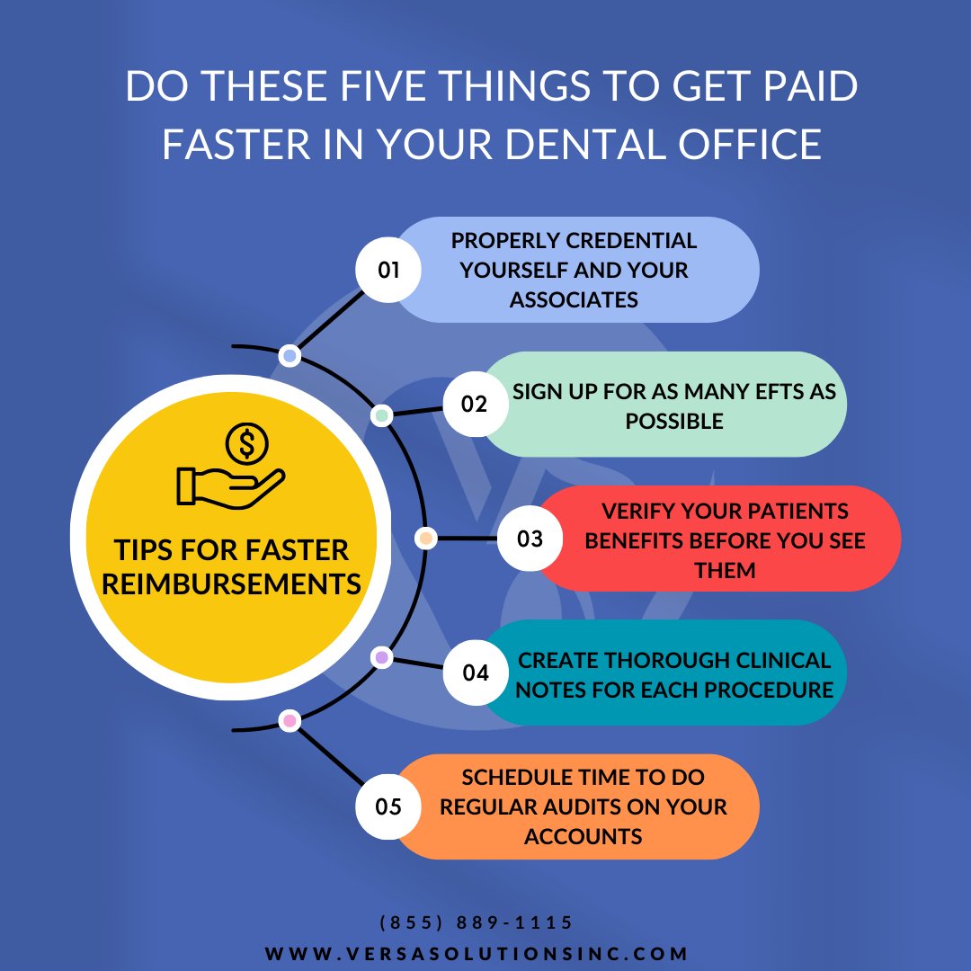 Implement these 5 tips, and your days will be looking a little more green. 

Reach out to us if you need help getting on the right foot.
(855) 889-1115

#dentalinsurance #dentalbilling #versasolutions