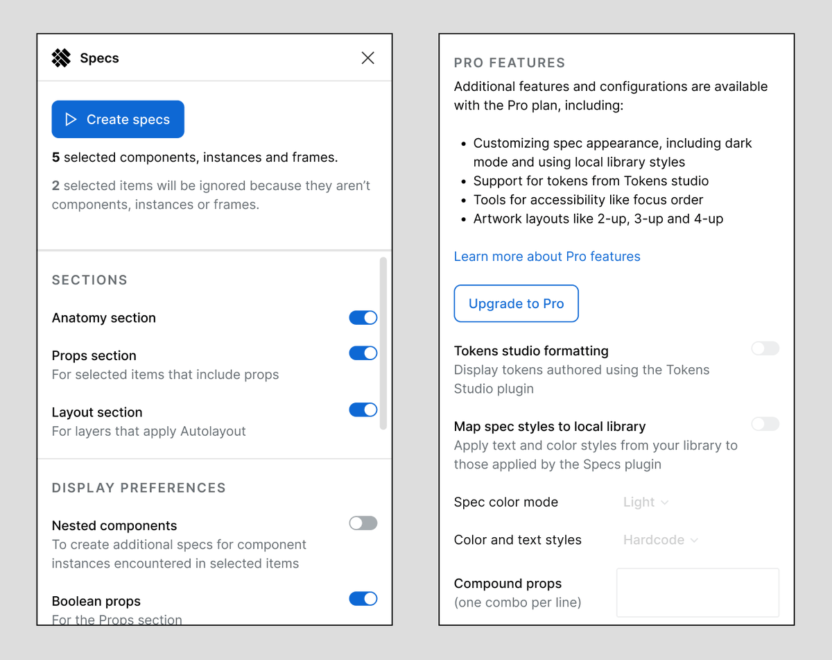 nathanacurtis's tweet photo. I'm working on a Figma UI for the Specs plugin and wondering IF folks would pay for Pro features and if so, how much? There'd still be _some_ configurations available without Pro. https://t.co/eW61ZzM3Gi
