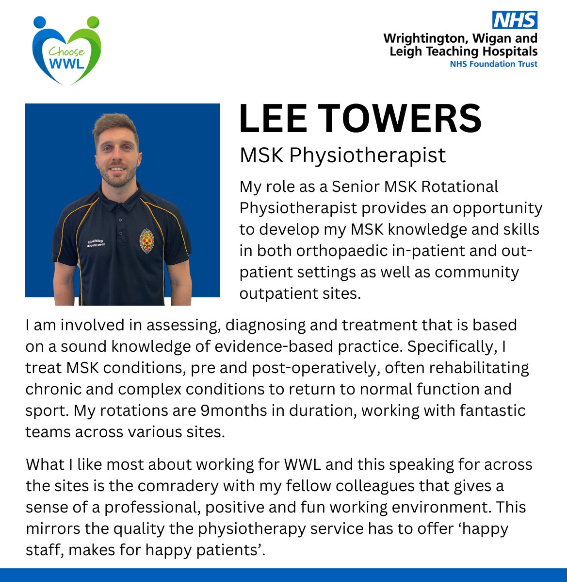 Careers at WWL (@wwlcareers) on Twitter photo Thinking about making an application to our latest Specialist #MSK #Physiotherapist (Rotational) #job #vacancy?
📰 Gain an insight into this role and what it entails by reading <a href="/lee_towers/">Lee Towers</a> #career story.
When you're ready to apply, please visit: bit.ly/3Kni57q Thinking about making an application to our latest Specialist #MSK #Physiotherapist (Rotational) #job #vacancy?
📰 Gain an insight into this role and what it entails by reading <a href="/lee_towers/">Lee Towers</a> #career story.
When you're ready to apply, please visit: bit.ly/3Kni57q