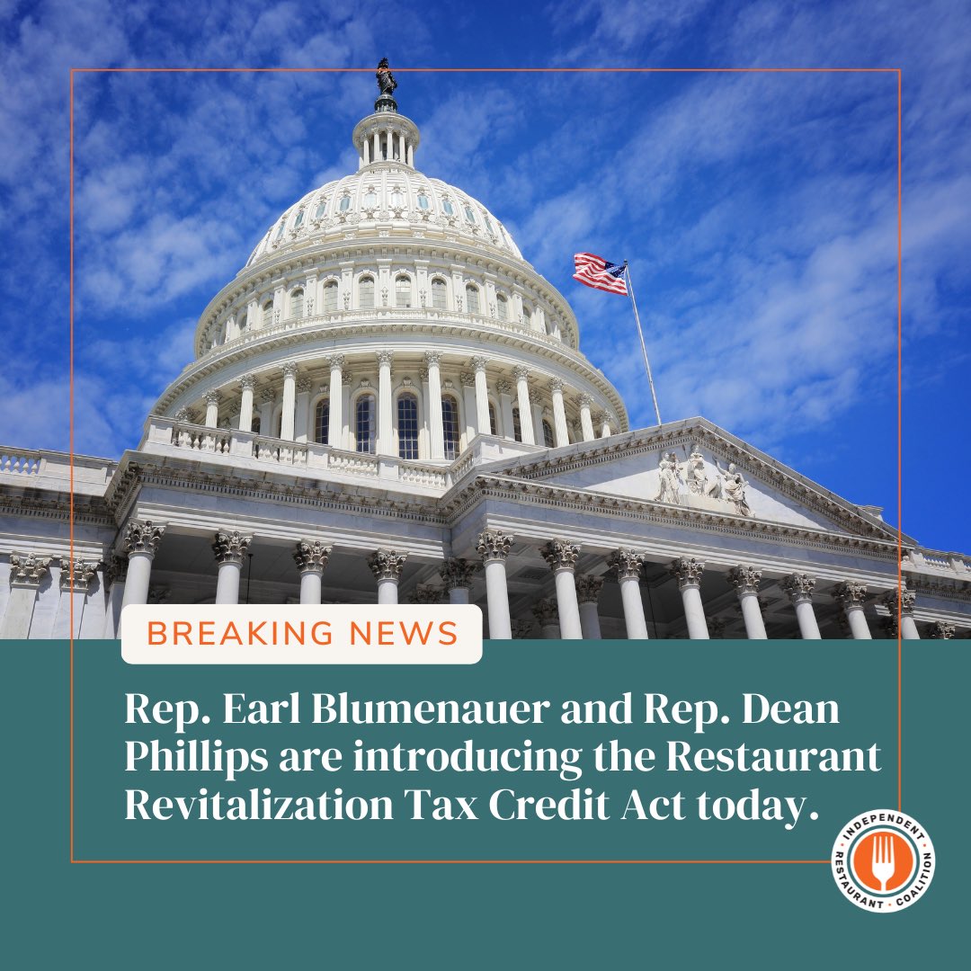 Independent Restaurant Coalition (@indprestaurants) on Twitter photo Today, <a href="/repblumenauer/">Earl Blumenauer</a> and <a href="/RepDeanPhillips/">Rep. Dean Phillips 🇺🇸</a> introduced the Restaurant Revitalization Tax Credit Act, a companion to the Senate bill introduced by <a href="/SenatorCardin/">Senator Ben Cardin</a>, <a href="/SenMarkey/">Ed Markey</a>, <a href="/SenSherrodBrown/">Sherrod Brown</a>, and <a href="/PattyMurray/">Senator Patty Murray</a>.
Call 202-224-3122 to urge Congress to act!
bit.ly/rrtc2 Today, <a href="/repblumenauer/">Earl Blumenauer</a> and <a href="/RepDeanPhillips/">Rep. Dean Phillips 🇺🇸</a> introduced the Restaurant Revitalization Tax Credit Act, a companion to the Senate bill introduced by <a href="/SenatorCardin/">Senator Ben Cardin</a>, <a href="/SenMarkey/">Ed Markey</a>, <a href="/SenSherrodBrown/">Sherrod Brown</a>, and <a href="/PattyMurray/">Senator Patty Murray</a>.
Call 202-224-3122 to urge Congress to act!
bit.ly/rrtc2
