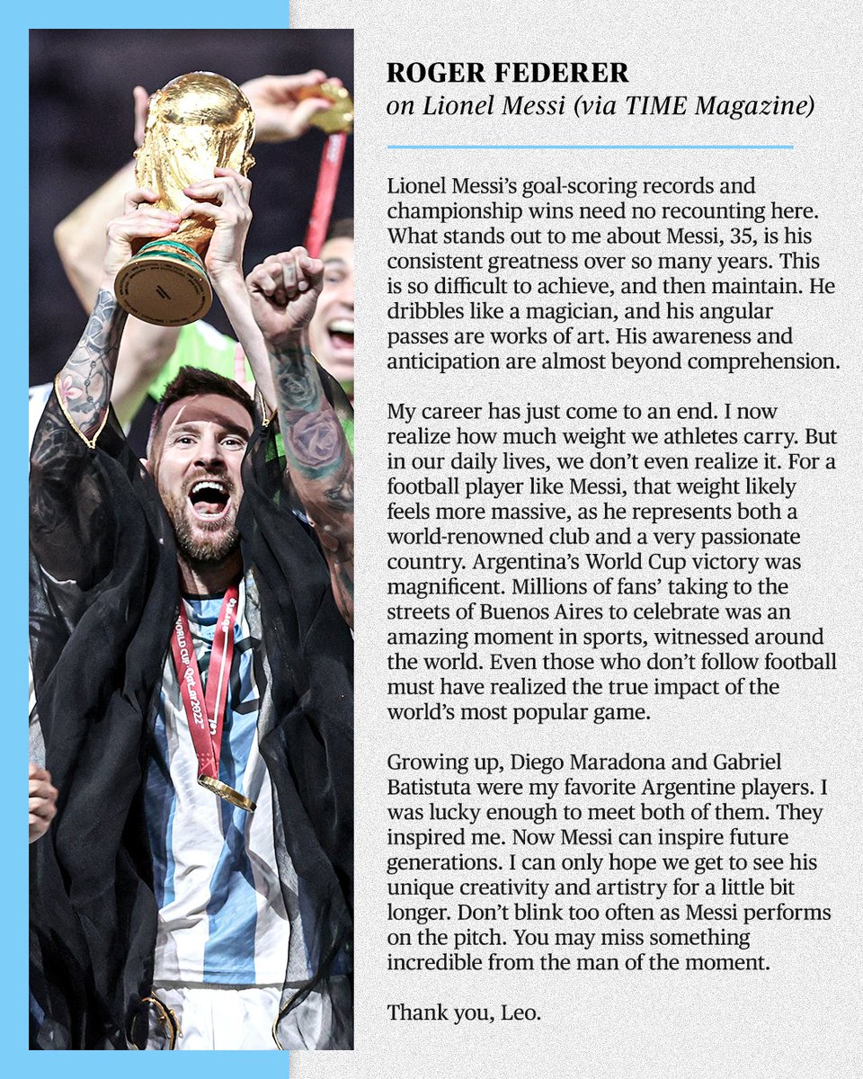 Lionel Messi was named to TIME's 100 Most Influential People of 2023 and it was accompanied by this powerful tribute from Roger Federer.

The ultimate respect from one 🐐 to another 👏