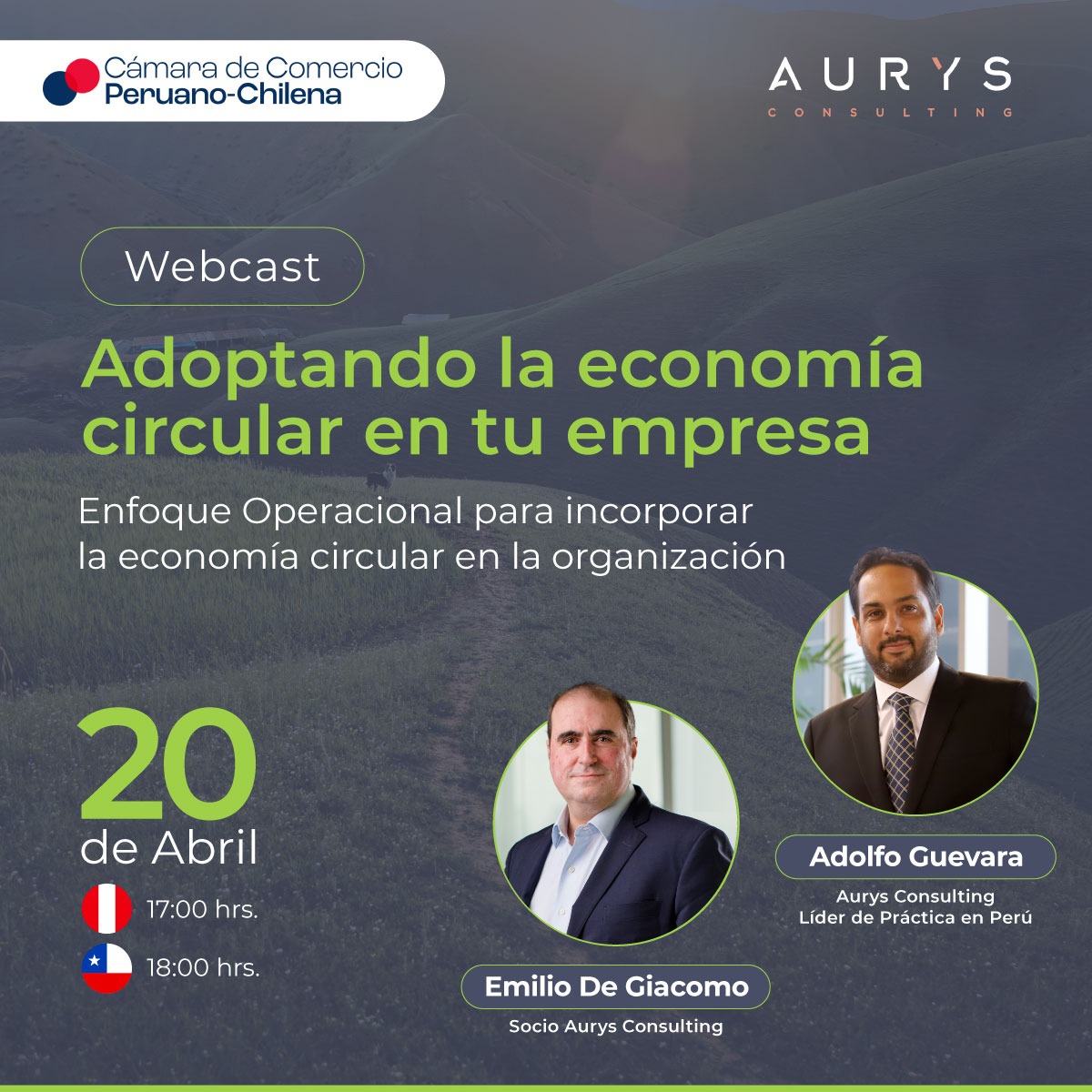 AurysConsulting's tweet photo. No te pierdas el webcast: Adoptando la economía circular en tu empresa, junto a la @ccpech (Cámara de Comercio Peruano-Chilena); con Emilio de Giacomo y Adolfo Guevara como expositores. 
Regístrate en el link👉 https://t.co/aXDJ2FLpFd 
#EconomíaCircular #Consulting #EventoCCPCh https://t.co/T1PSsgVieY