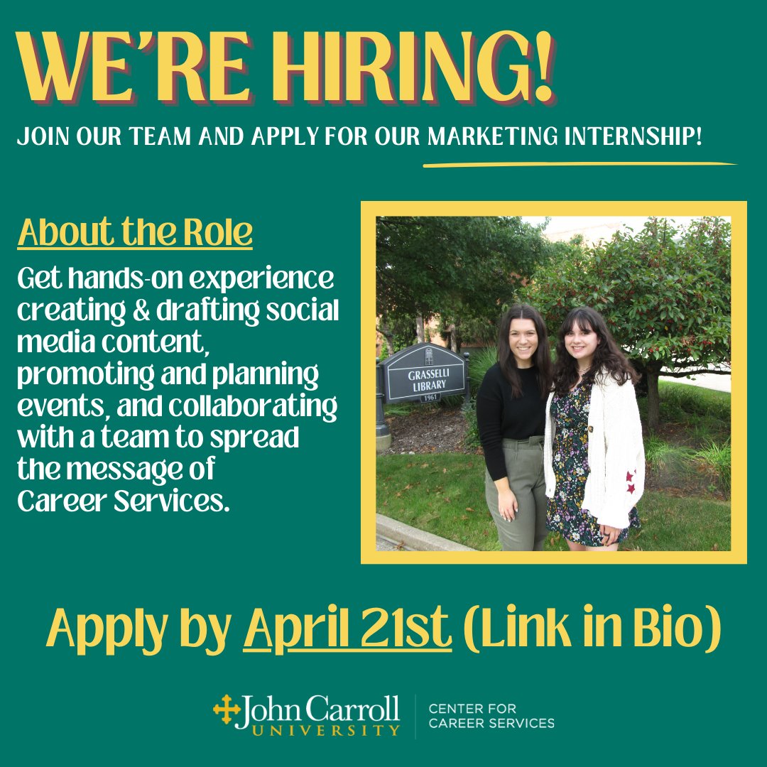 JCUCareerCenter's tweet photo. Looking to gain some #internshipexperience during the 2023-2024 school year? Apply for our paid Marketing Internship! Make sure to submit your application before April 21st! Learn more here:  https://t.co/dotCg3XlIE https://t.co/SMA6o5iZct